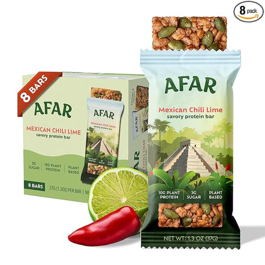 Afar Savory Protein Bars – Low Sugar, High Protein – Healthy Snacks for Adults – Meal Replacement Bar – Rice Crispy Texture – Vegan, Gluten Free (8 Bars, Mexican Chili Lime)