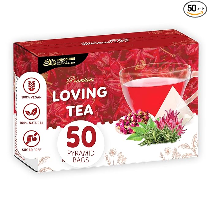 Indochine Blends Loving Tea | Organic Rosemary Tea Bags | Black Tea, Rose, Hibiscus & Organic Rosemary | Sugar-Free, Caffeine-Free Herbal Tea for Relaxation | 4.4 oz | 50 Corn-Fiber Pyramid Bags