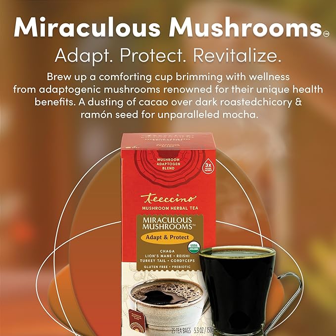 Teeccino Miraculous Mushrooms Adapt & Protect Herbal Tea By Teeccino, 25 Tea Bags - Five Organic Adaptogenic Mushrooms with Chicory & Cacao, 3x More Herbs than Regular Tea Bags, Caffeine Free, Prebiotic