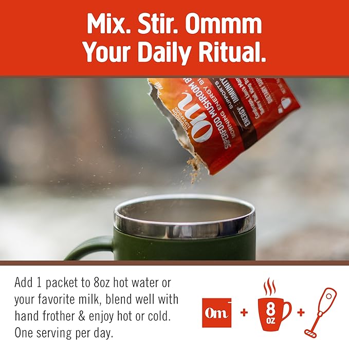 Om Mushroom Superfood Morning Energy Blend Mushroom Powder Drink, Single Serve, 10 Count, Coffee Free Energy Drink with Cordyceps, Vitamin D2, Agaricus Bisporus, Lion's Mane, Rhodiola, and Turkey Tail