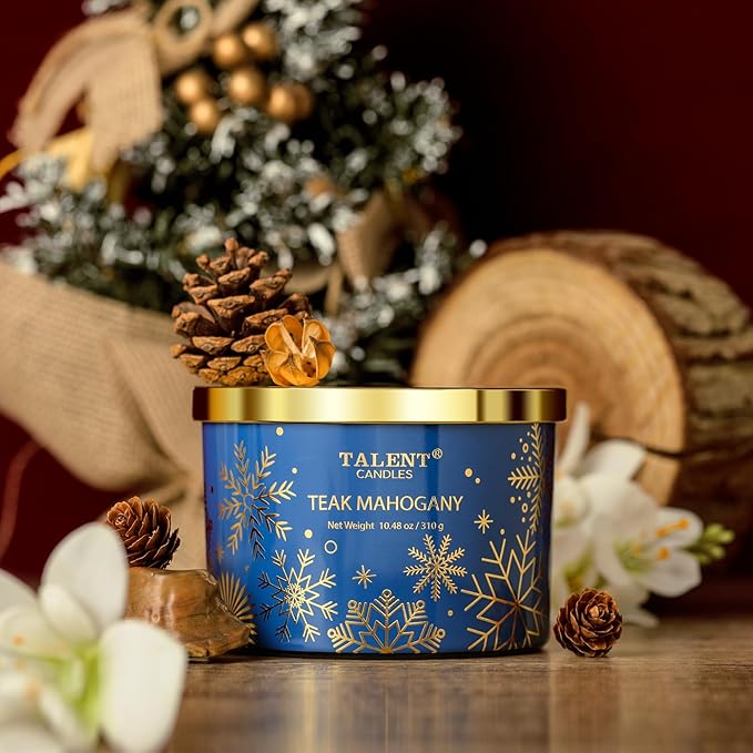 Christmas Candles, Large 3 Wick Jar Candles, Christmas Scented Candles Gifts for Women, Christmas Gift Ideas with Soy Wax Candles, Teak Mahogany