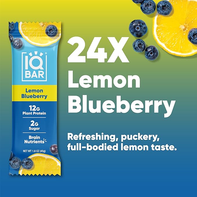 IQBAR Brain and Body Plant Protein Bars - Lemon Blueberry - 24-Count Low Carb - Gluten Free, High Fiber, Vegan Snacks - Low Sugar Meal Replacement