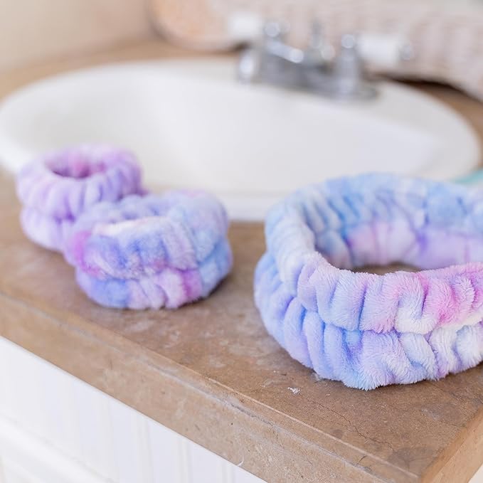 FROG SAC Puffy Spa Headband and Wristbands for Face Washing, Fuzzy Skincare Headbands for Women, Soft Makeup Skin Care Hair Accessories for Girls, Make Up Hair Band (Tie Dye)