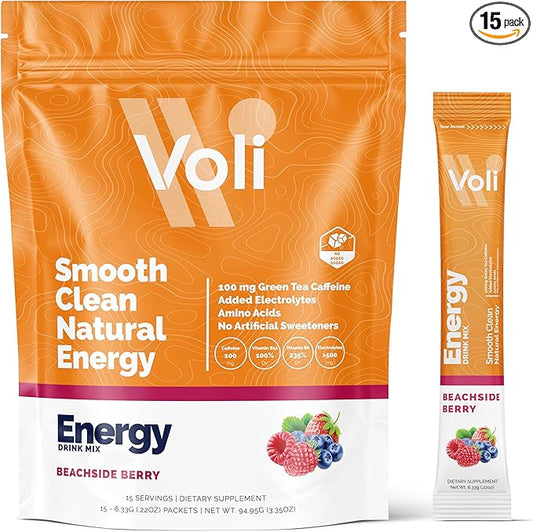 Voli Energy Drink Mix Packets | Natural Pre-Workout Powder with Green Tea Caffeine & B Vitamins, Amino Acids & Electrolytes for Sustained Focus, Hydration & Clean Energy | No Added Sugar, 15-Count