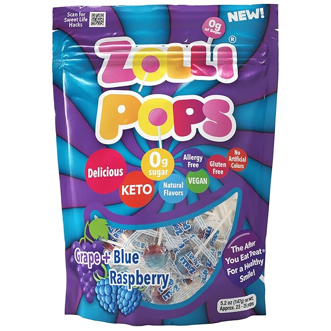 Zollipops Clean Teeth Pops Sugar Free Candy with Xylitol, Dye-Free Lollipops - Keto & Diabetic-Friendly, Dentist-Approved Treats for Kids (Blue Raspberry-Grape, 5.2 oz)