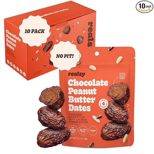 Realsy Chocolate Peanut Butter Filled Medjool Dates, Organic Dates with No Sugar Added, Gluten-Free, Vegan, Good Source of Fiber, Low Glycemic Index, All Natural Healthy Snack, (10 Pack)