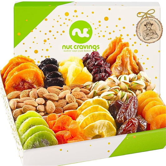 NUT CRAVINGS - Diwali Sweets Hamper Dried Fruit & Mixed Nuts Gift Basket in White Gold Box (12 Assortments) Food Arrangement, Healthy Snack Care Package, Food Assortments