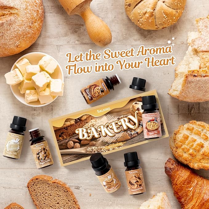 SALKING Bakery Fragrance Oils, Premium Essential Oil for Diffuser, Scented Oil Set for Soap Candle Making - Chocolate Chip Cookies, Apple Pie, Cinnamon Rolls, Vanilla Cake, Snickerdoodle, Sugar Cookie