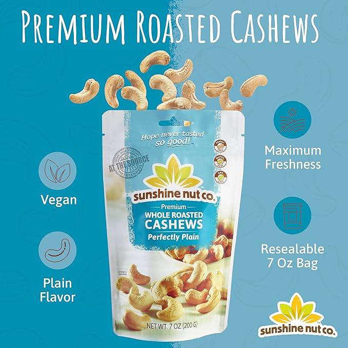 Sunshine Nut Company Whole Roasted Cashews, Perfectly Plain Flavor, No Added Salt, 2 Pack, 7 oz. Each, Gluten Free, Peanut Free and Vegan Individual Snack Packs for Kids and Adults, GMO Free