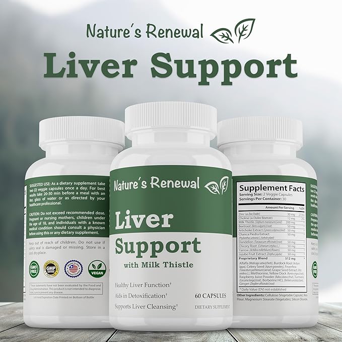 Nature's Renewal Liver Support Supplement – Cleanse Detox Repair Renew Recovery Formula with Milk Thistle, Dandelion Root, Artichoke Extract, Choline, Turmeric – 60 Capsules