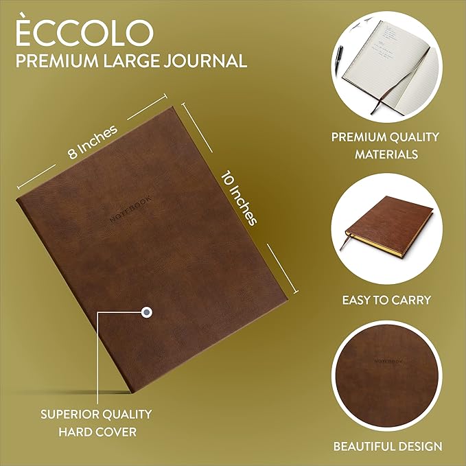Eccolo Large Lined Journal Notebook, Flexible Cover, Writing Journal, 256 Ruled Ivory Pages, Ribbon Bookmark, Lay Flat, Desk Size for Work or School, Size 8X10, Brown Leatherette