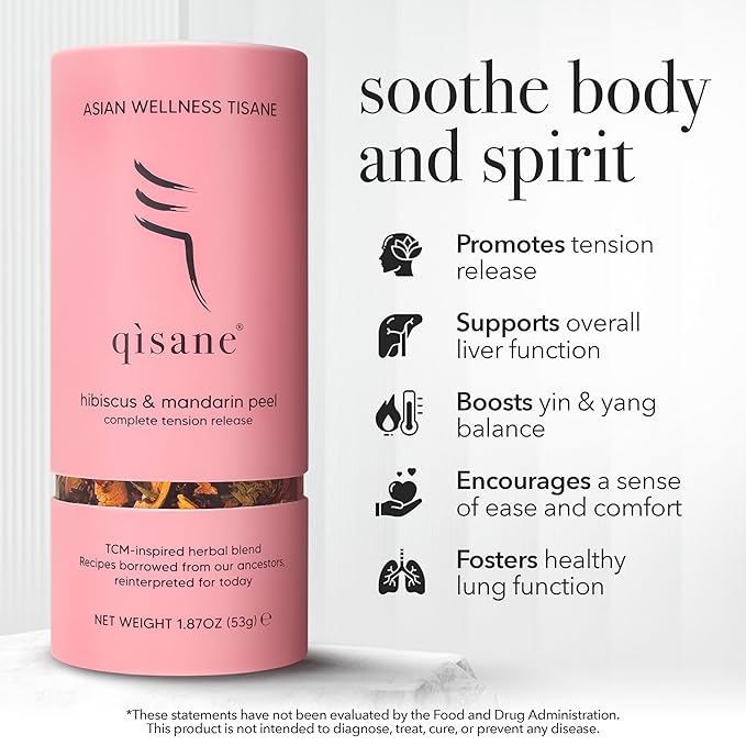 qìsane Organic Hibiscus Tea Bags with Mandarin Peel - Loose Leaf Hibiscus Tea, Organic Licorice Root, Cassia Seeds - Tangy Citrus Flavor to Help Support Strain and Tension - 10 sachets (~30 cups)