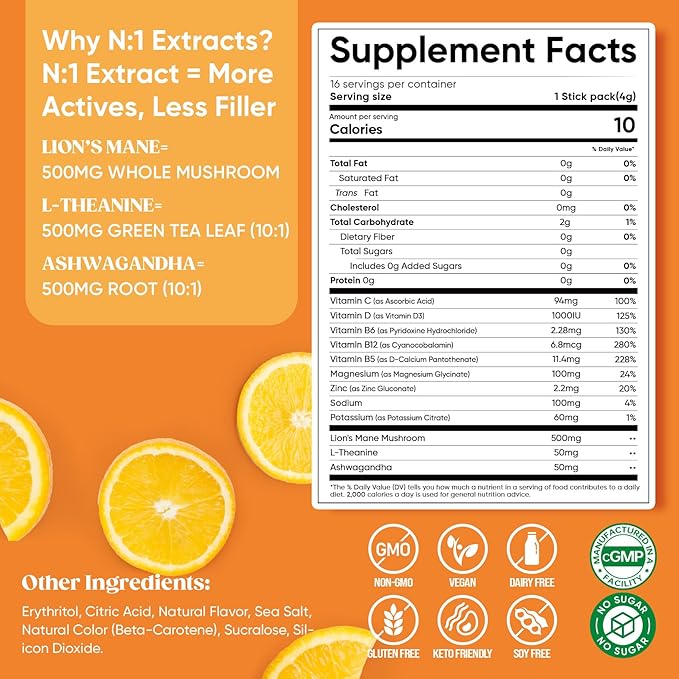 Venture Pal Calming Powdered Drink Mix, Magnesium Glycinate, Ashwagandha, L-Theanine,Vitamin D, Lions Mane, Sugar Free Magnesium Supplement Blend for Relax & Focus, Non GMO, Vegan, On The Go