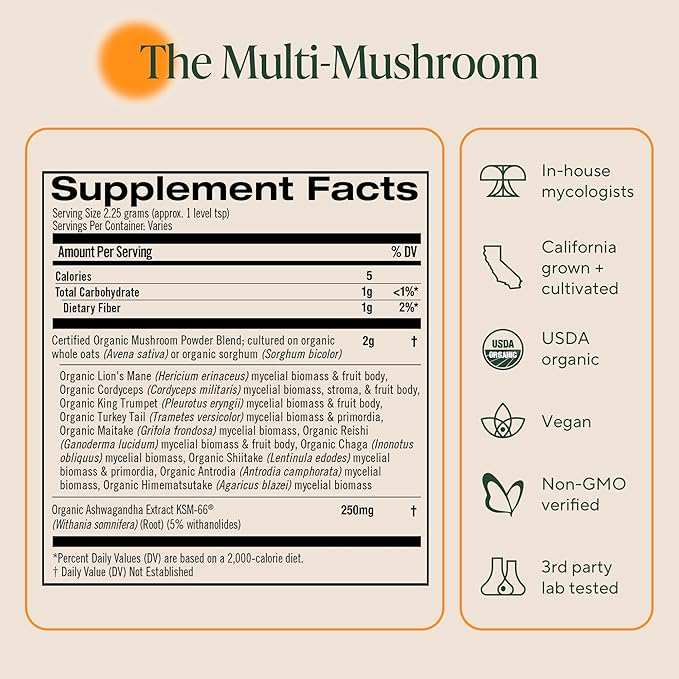 OM Master Blend Mushroom Powder – Organic Mushroom Supplement with 10 Mushrooms and Ashwagandha - Support Immunity, Gut Health & Stress Relief, 3.17 oz (40 Servings)