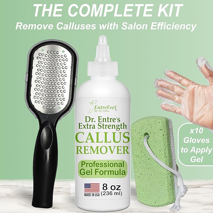 Dr. Entre's Callus Remover Gel Kit for Feet: Foot File, Pumice Stone, 5 Glove Pairs for Gel Application, Spa Kit, Foot Care, Pedicure Tools, Scrubber, 8oz