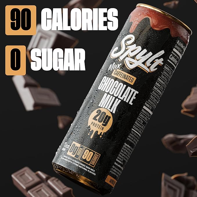 Spylt High Protein Max Chocolate Milk with 140mg Caffeine & 20g Protein - 90 Calories, Ready to Drink, Sugar Free, Lactose Free Milk, Perfect for Workout Recovery & Afternoon Pick Me Up - 12 Count