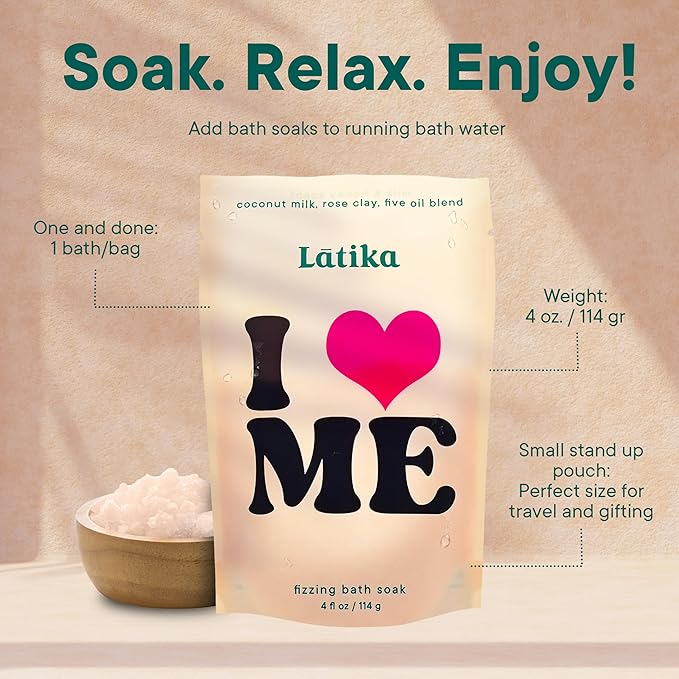 Latika Soak Set of 3 - I Heart Me Bath Soaks with Oats, Milk & Honey for Self-Love & Self-Care – for Relaxation, Muscle Recovery & Skin Nourishment – Stress Relief Soaking Salts