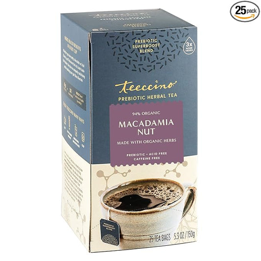 Teeccino Macadamia Nut - Prebiotic SuperBoost™ Herbal Tea - Support Your Probiotics with Vegan GOS & Organic XOS For Good Gut Health - Digestive Dessert Tea, 25 Tea Bags