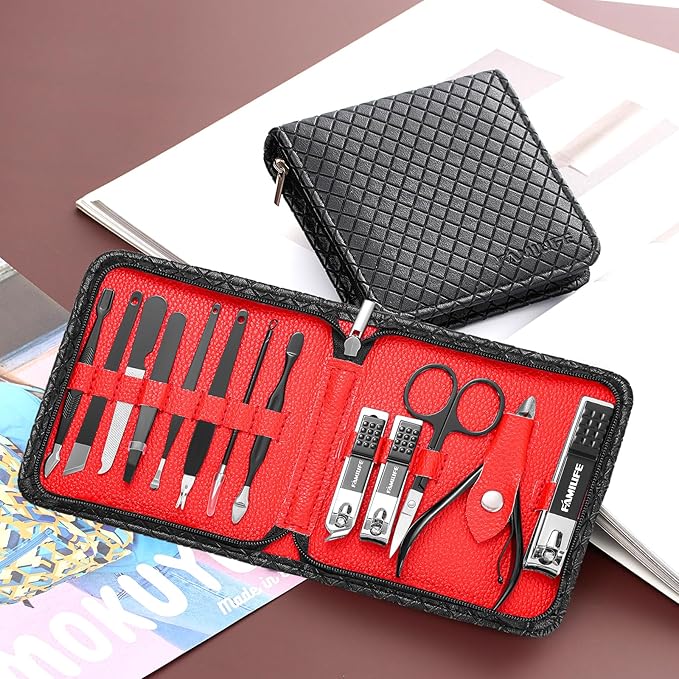 FAMILIFE Nail Kit, Professional Manicure Set Manicure Kit Nail Clipper Set, 13 in 1 Stainless Steel Pedicure Sets Clipper Tool, Men Grooming Tool with Portable Black Leather Travel Case for Him