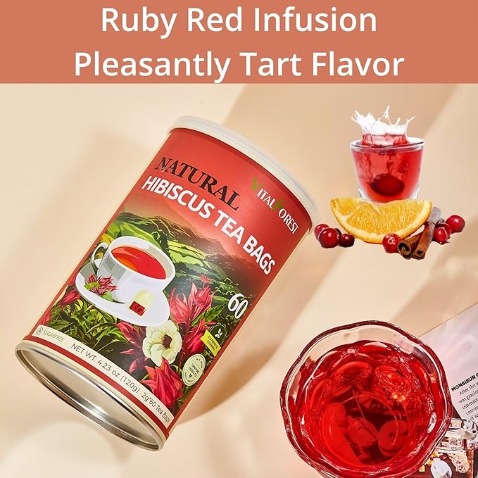 60 Hibiscus Flower Tea Bags, 2g/Bags, VitalForest Hibiscus Tea Roselle Tea, Natural Flor de Jamaica Flower, Caffeine Free, Non-GMO, Unbleached Bags, Canister Packaged