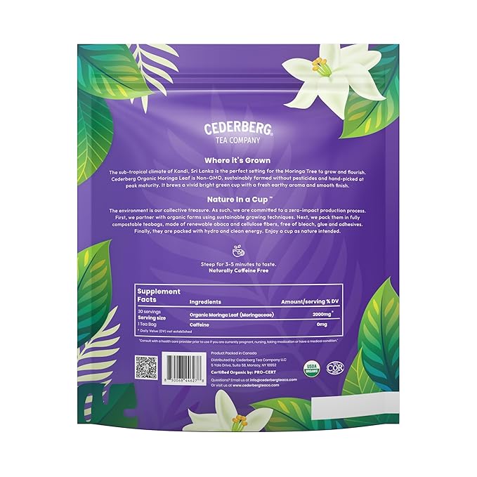 Cederberg Tea Company Organic Moringa Tea — 30 Tea Bags | Organic Herbal Tea From Single Origin | Eco-Friendly Tea Bags | Non-GMO Caffeine Free Tea With Zero Sugar
