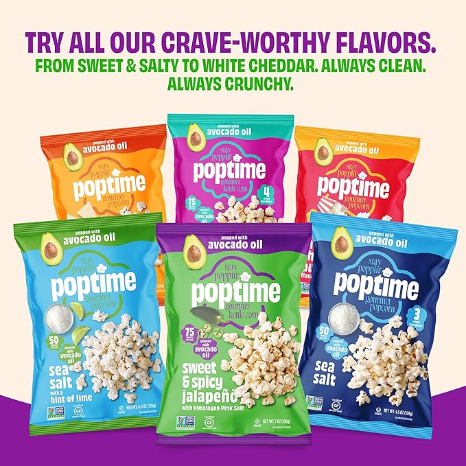 Poptime Popcorn Snack Bags – Sweet & Spicy Jalapeno & Himalayan Pink Salt Kettle Corn Popcorn Bags, Healthy Snack With Avocado Oil, Gluten Free, Vegan, Low Calorie, Non-GMO, Kosher - 7 oz - Pack 4