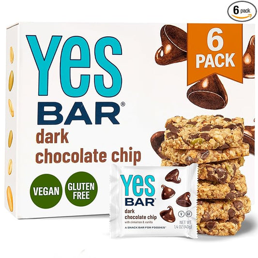 The YES Bar – Dark Chocolate Chip – Plant Based Protein, Decadent Snack Bar – Vegan, Paleo, Gluten Free, Dairy Free, Low Sugar, Healthy Snack, Breakfast, Low Carb, Keto Friendly (Pack of 6)