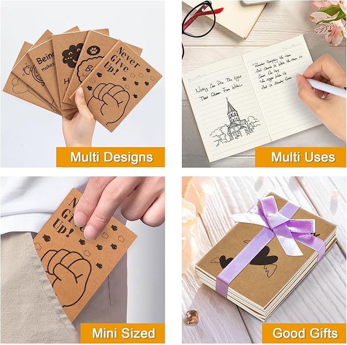 feela 8 Pack Cute Kraft Notebooks, 8 Designs Mini Pocket A6 Notebook Journal Notepad, Lined Small Motivation Blank Journal Bulk for Women Kids Students Gift School Supplies, 4.1X5.8 in, 80 Pages