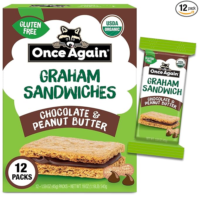 Once Again Chocolate Peanut Butter Graham Sandwiches - Organic, Gluten Free Graham Crackers with PB & Dark Chocolate Filling - Gluten Free Snacks for Kids & Adults - Dairy Free School Snacks, 12 Ct