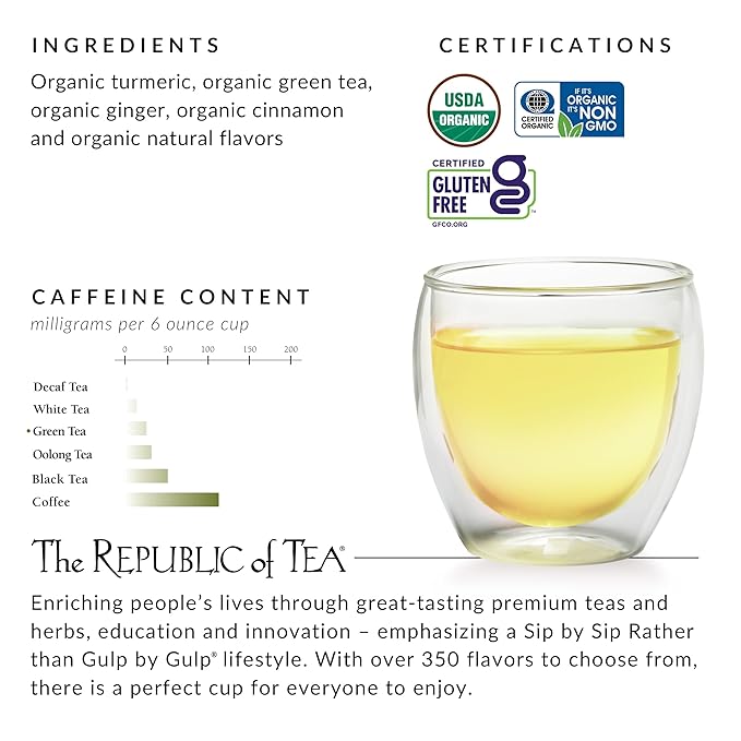 The Republic of Tea - Organic Turmeric Ginger Green Tea Tin, 50 Tea Bags, Naturally Caffeinated