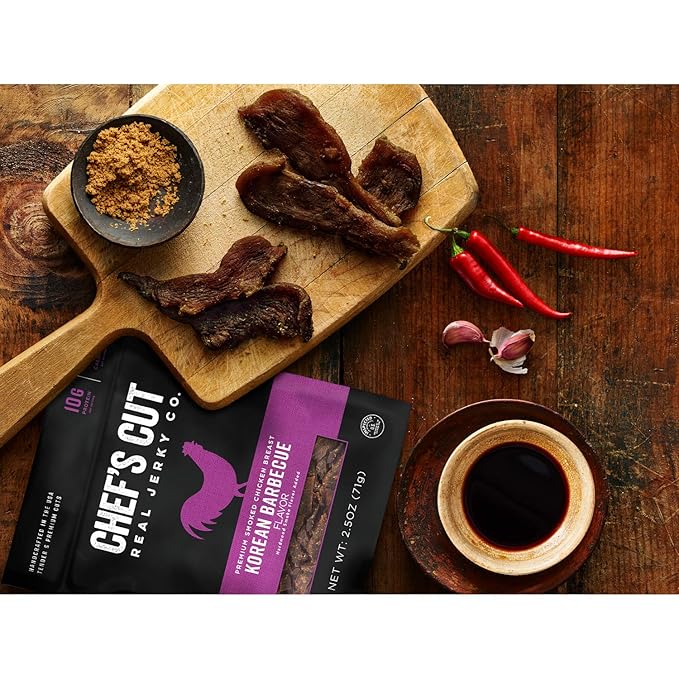 Chef's Cut Chicken Jerky Meat, Korean Barbecue (2.5 Ounce Bags, Pack of 4) - High Protein, 10g Protein, 70 Calories, Gluten-Free, Premium Smoked Chicken Breast, Keto Friendly Snack, Low Carb Snack