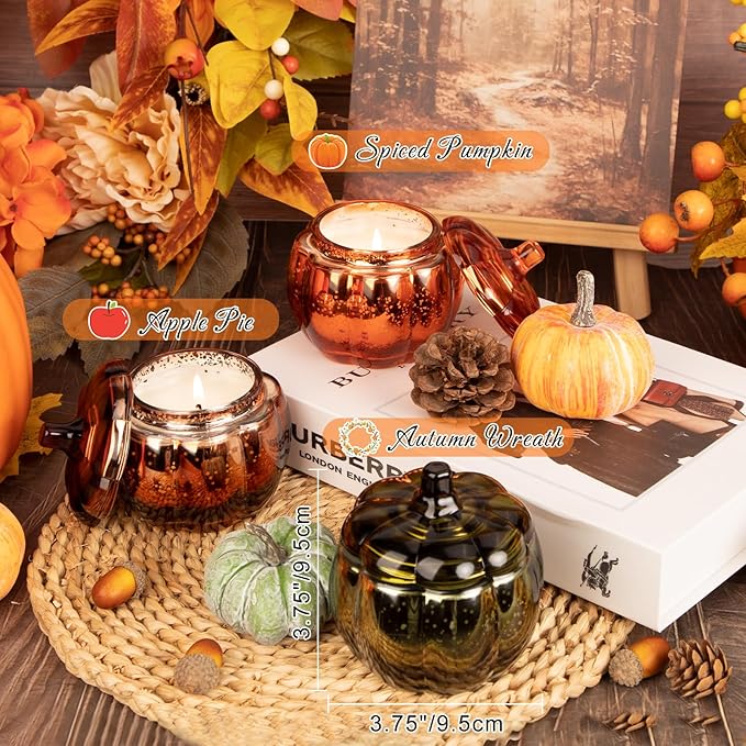 Lanpn Fall Scented Candles Gift Set 3 Pack, 16.5oz Pumpkin Glass Jar Candle, Thanksgiving Aromatherapy Soy Wax Candles for Woman Man, Autumn Fragrance Table Farmhouse Decoration, Tabletop Centerpiece