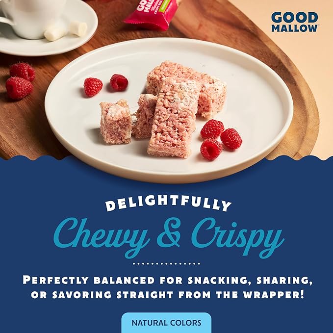 GoodMallow Vegan Rice Crispy Treats Individually Wrapped Box of 8, Kosher Vegan Snacks, Gluten Free Dairy Free Snacks for Kids & Adults - Healthy Sweets Made with Gourmet Marshmallows (Raspberry)