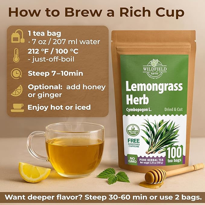 100 Bags Dried Lemongrass Tea Lemon Grass Leaf Herbal Tea Zacate De Limon (Cymbopogon) - 100 Count 1.5g Bags Lemongrass Chai Herb Limoncillo (Hierba Limon)