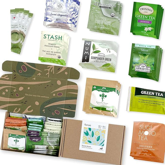 Sippingly Green Tea Sampler – 40 Assorted Green Tea Bags – 10 Flavors from Japan, Nepal, China & India – Naturally Energizing, Medium Caffeine – Ideal Gift for Tea Enthusiasts – Kosher, Gluten-Free