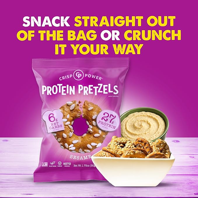 Crisp Power Protein Pretzels, Sesame, High Protein Vegan Keto Snack, 27 G Plant Based Protein, Low Carb Crunchy Pretzel Snacks, Sugar Free, No Seed Oils, 1.75 oz Bags, 24 Pack