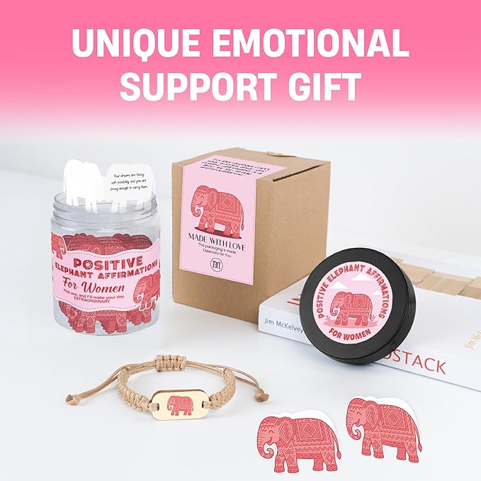 60 Positive Elephant Cards Jar, Affirmation Cards for Women, Emotional Support Gift, Elephants Gifts for Women, White Elephant Gifts