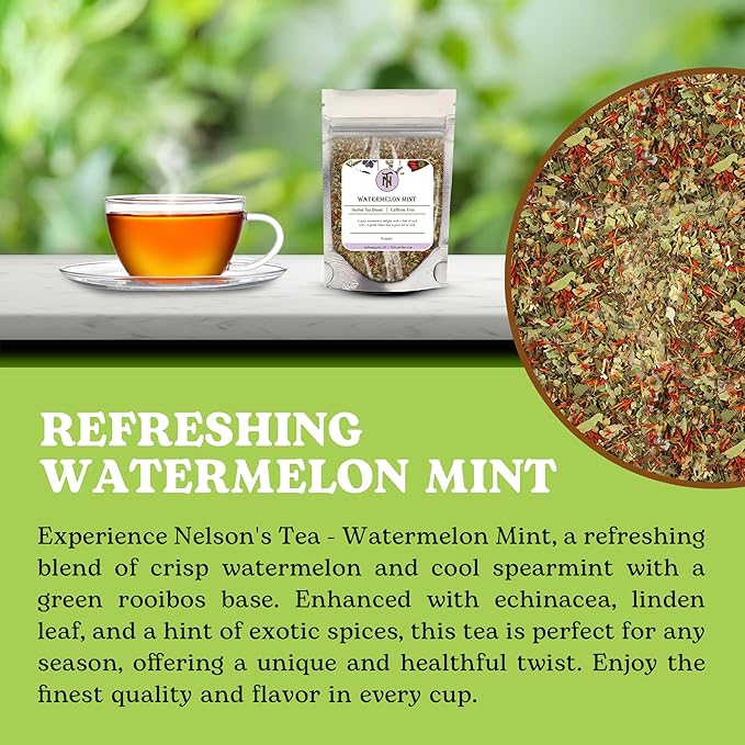 Nelson's Tea Watermelon Mint Tea Loose Leaf - Caffeine Free Green Rooibos Tea with Spearmint, Echinacea, Linden Leaf, Coriander, Safflower and Eucalyptus (Sample 0.4 Oz)