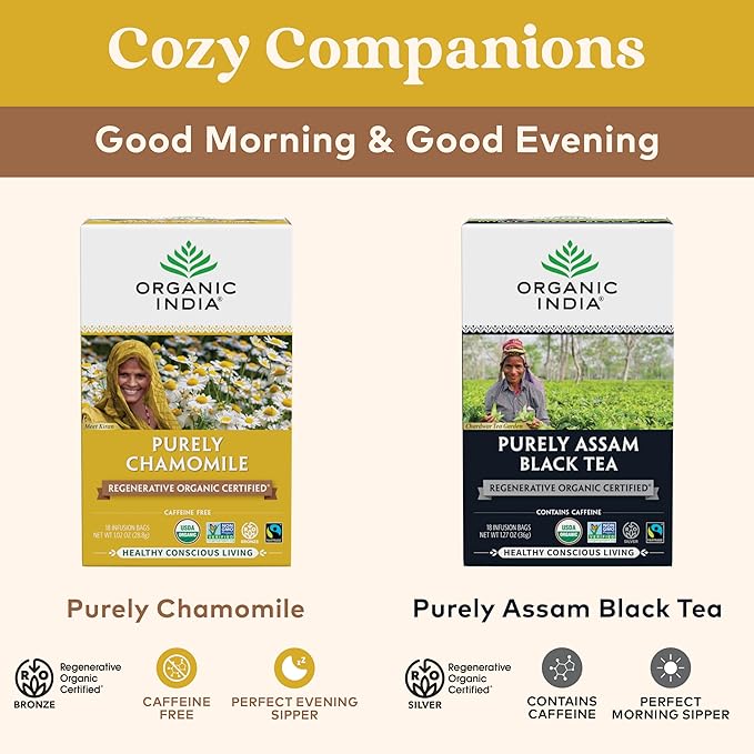 Organic India Purely Chamomile Tea- Regenerative Organic Chamomile Flowers, Caffeine Free, Calming & Relaxing Herbal Tea, Natural Support for Sleep & Relaxation- 18 Tea Bags, Pack of 3