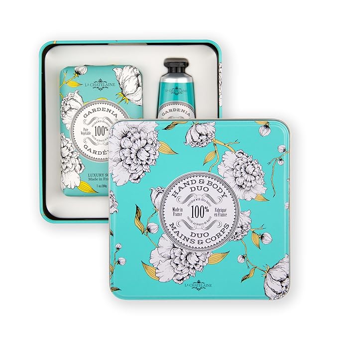 La Chatelaine Gardenia Triple Milled Bar Soap and 20% Shea Butter Hand Cream Gift Set, Gift for Mom, Decorative Tin, Plant-Based, Natural & Organic, Made in France (7 oz. soap bar, 1 oz. hand lotion)