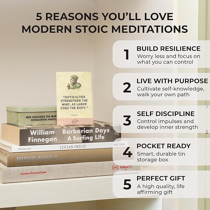 Daily Stoicism Affirmation Cards - 50 Stoic Life Change Quotes, Philosophy Gift for Men in Tin Box with Wood Stand - Desk Accessories Office Decor for Men - Inspirational & Motivational Cards