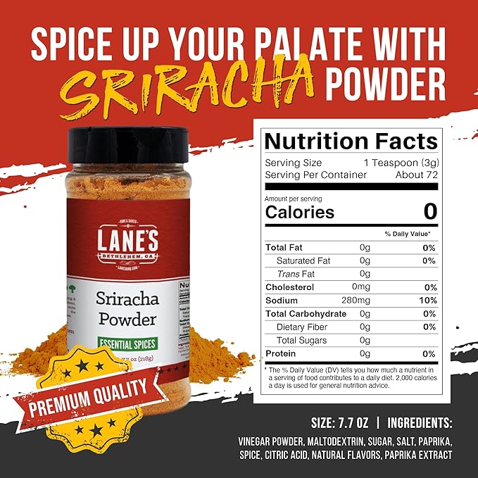 Lane's Sriracha Seasoning Powder, All-Natural Sriracha Powder Seasonings and Spices for Cooking, Goes Well with Meat & Vegetables, Made in USA, 7.7 Oz