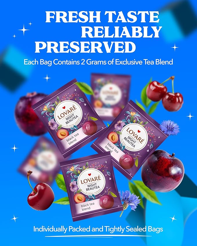 LOVARE Night Beautea Tea Bags 48 g - Made in Ukraine - Ceylon Black Tea, Cherry Berries, Cornflower Petals, Royal Pomegranate Plum - Individually Wrapped - Gift Box for Tea Lovers (24 x 2 g)