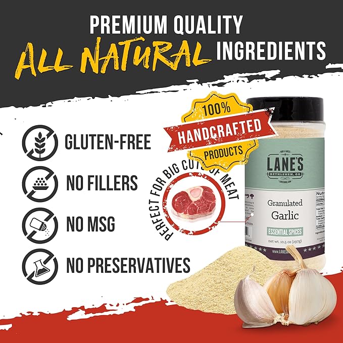 Lane's Granulated Garlic, All-Natural Granulated Garlic Powder, Perfect for Sauces and Dry Rubs Garlic Seasoning, Made in USA Garlic Granules, 10.5 Oz