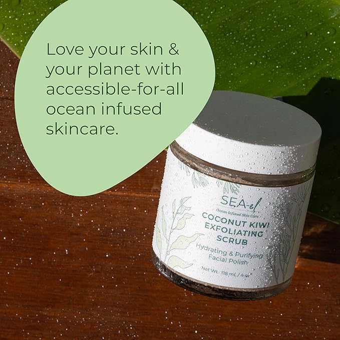 Sea El Coconut Kiwi Exfoliating Face Scrub Hydrating Calming & Purifying Anti Aging Exfoliator - Bamboo Pumice & Green Tea Detoxifying Exfoliant Facial Cleanser & Polish for Women & Men - 4 Oz