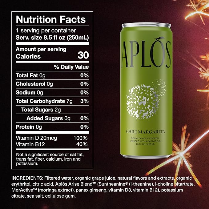 Aplós Arise Canned Chili Margarita Non-Alcoholic Cocktail, Formulated with Adaptogens for Mood & Energy Boosting, Low Calorie, No Added Sugar Beverage (8.5 fl oz. 12-pack)
