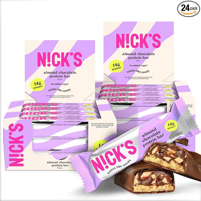 Nick's Protein Bars Almond Chocolate | 14g protein | 220 calories | Low Carb Keto Friendly Snacks No Added Sugar (Multipack 24 bars x 50g)