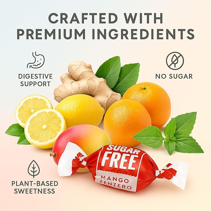 Andy Anand Chocolatier Sugar Free Ginger Candy - Gluten Free Made in Italy Hard Candy, Individually Wrapped Sweetened With Natural Stevia With Mango, Orange & Lemon Assorted Flavors ((55 Pcs, 7 Oz)