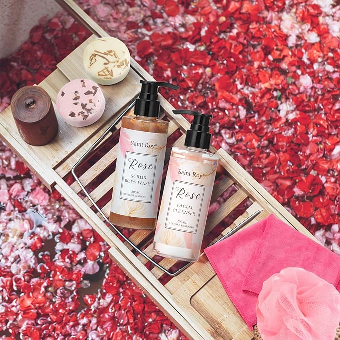 Spa Gifts for Women, Self Care Kit ROSE Scented with Facial Cleanser, Scrub Body Wash, Facial Clay Mask, Facial, Essential Oil, Birthday Gifts Skin Care Set, Mothers Day Christmas Gifts for Women