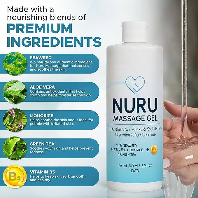 Nuru Massage Gel (16.9 fl oz) | Water-Based | Paraben & Glycerine Free | Formulated with Natural Seaweed, Green Tea, Liquorice Extract, Vitamin B5, & Organic Aloe Vera